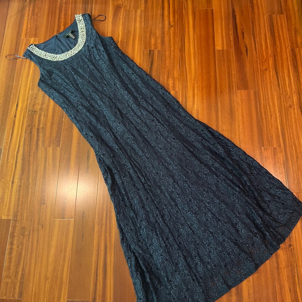 R&M Richards Gown Dress Navy Blue Lace Bead Pearl Evening Mother Wedding NWOT 14
